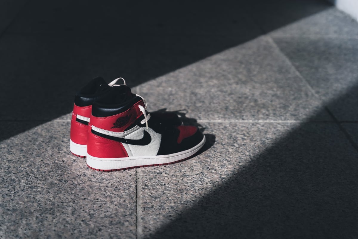 Close-up of Jordan 1 Retro black and red sneakers